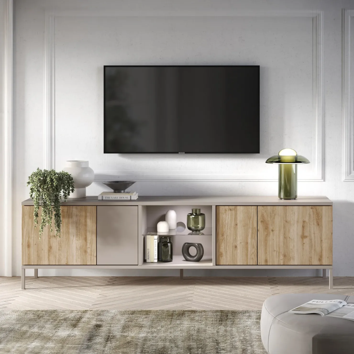 Garnero Arredamenti Mobile porta TV 210x59h cm 4 ante 2 vani rovere chiaro beige Tony Discount