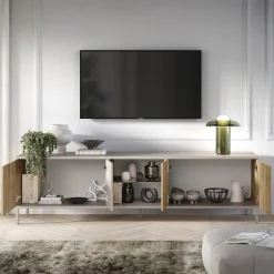 Garnero Arredamenti Mobile porta TV 210x59h cm 4 ante 2 vani rovere chiaro beige Tony Discount