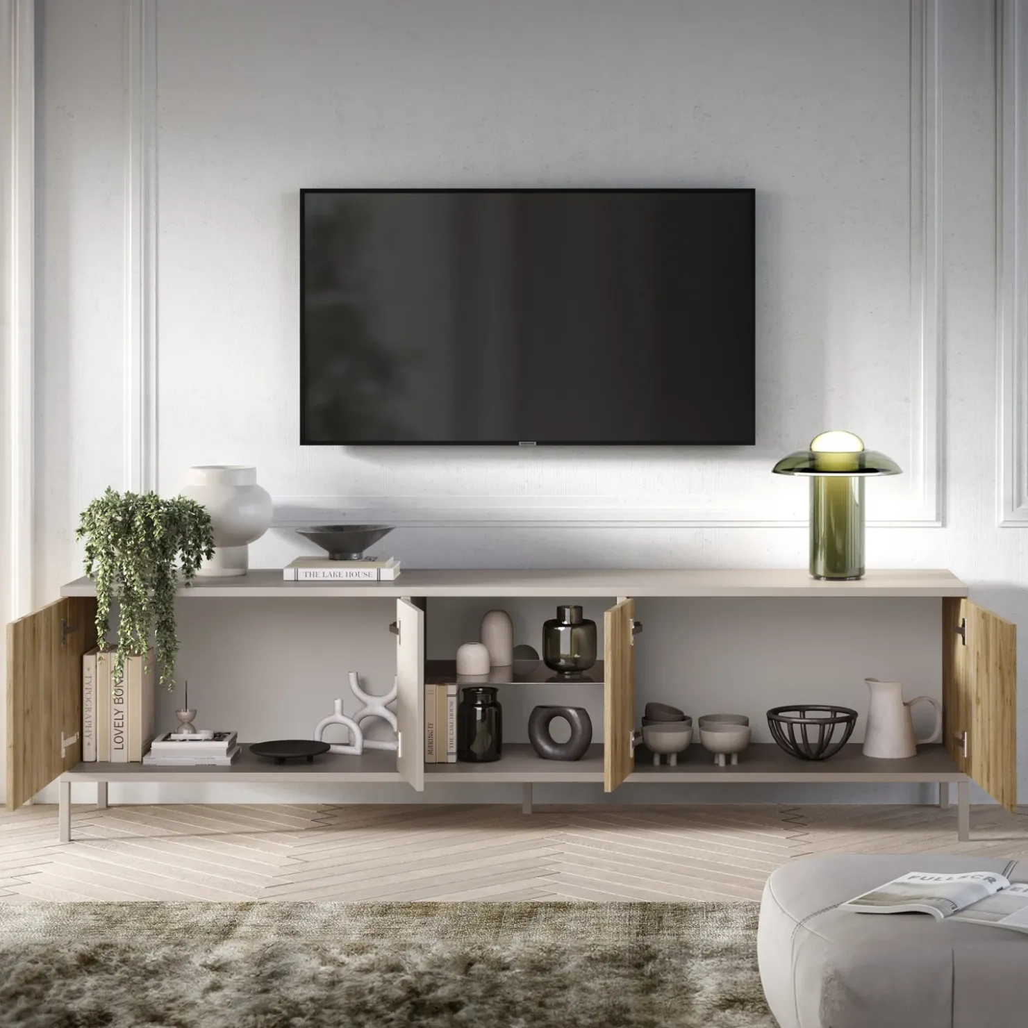 Garnero Arredamenti Mobile porta TV 210x59h cm 4 ante 2 vani rovere chiaro beige Tony Discount