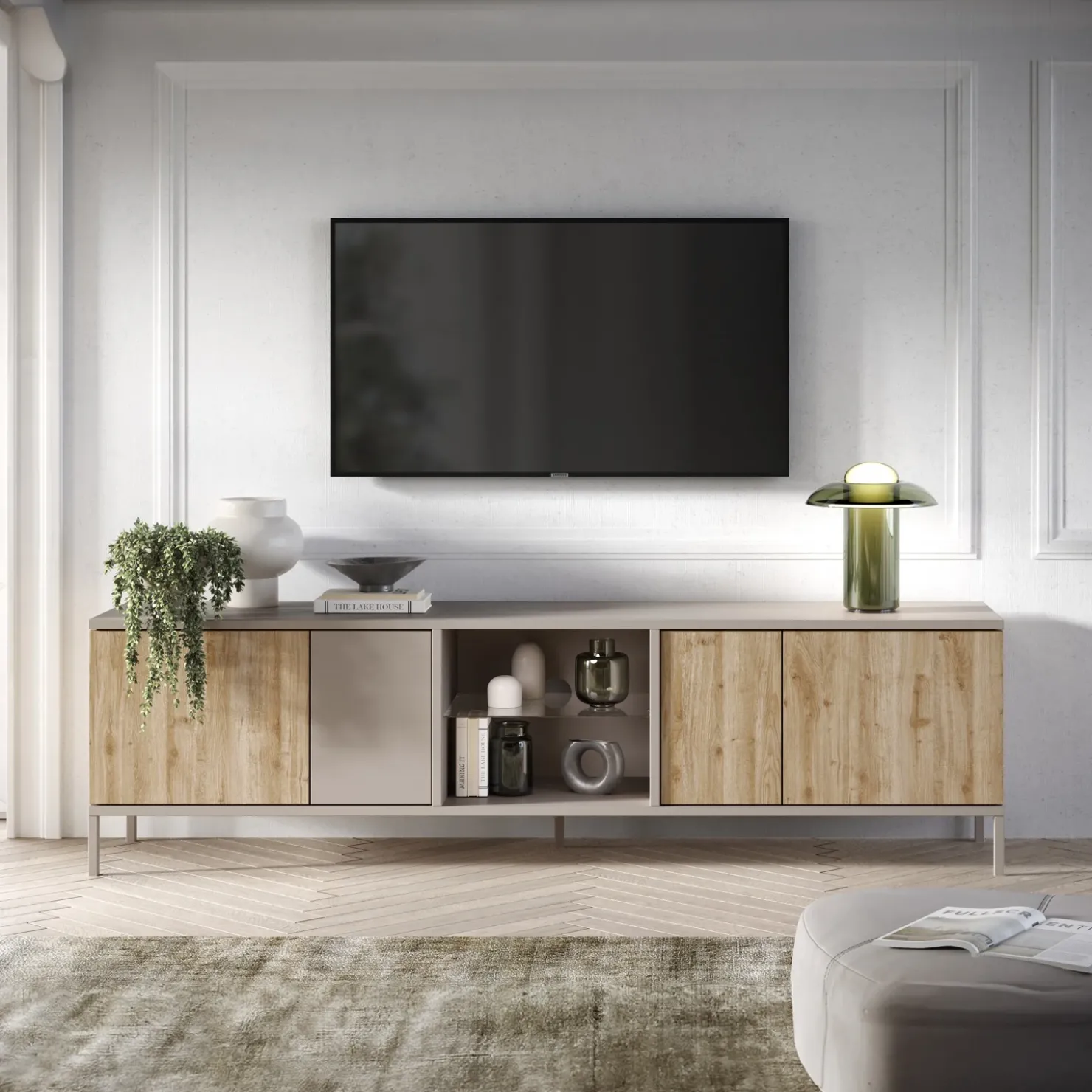 Garnero Arredamenti Mobile porta TV 210x59h cm 4 ante 2 vani rovere chiaro beige Tony Discount