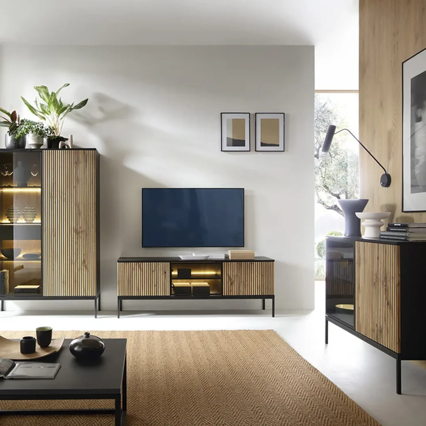 Garnero Arredamenti Mobile porta TV 153x56h cm 3 ante moderno nero rovere antico cannettato Bali Best