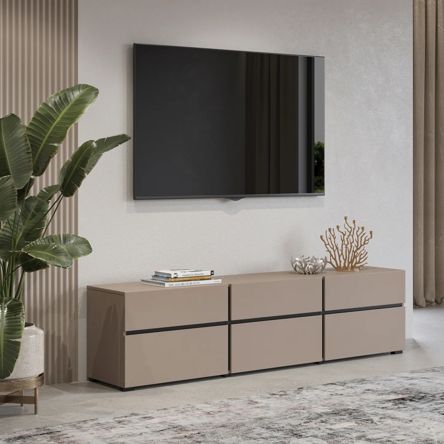 Garnero Arredamenti Mobile porta TV 180x48h cm 3 ante a ribalta 3 cassetti nero Lolla Tortora Outlet
