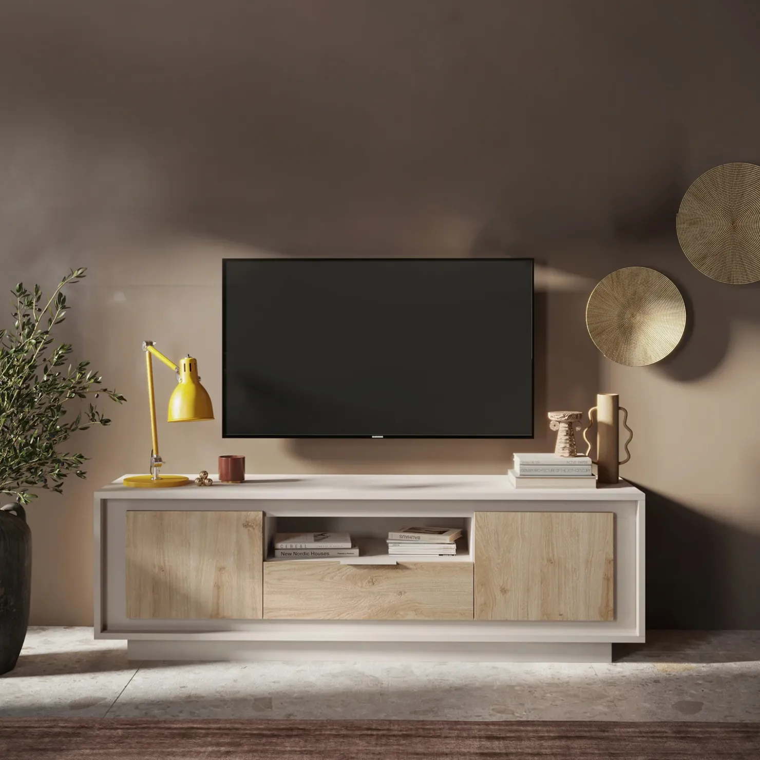 Garnero Arredamenti Mobile porta TV 184x58h cm 2 ante 1 cassetto beige rovere chiaro Deluxe Rovere - Beige Online