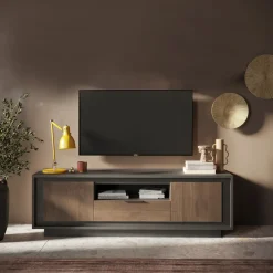 Garnero Arredamenti Mobile porta TV 184x58h cm 2 ante 1 cassetto antracite rovere scuro Deluxe Antracite - Noce New