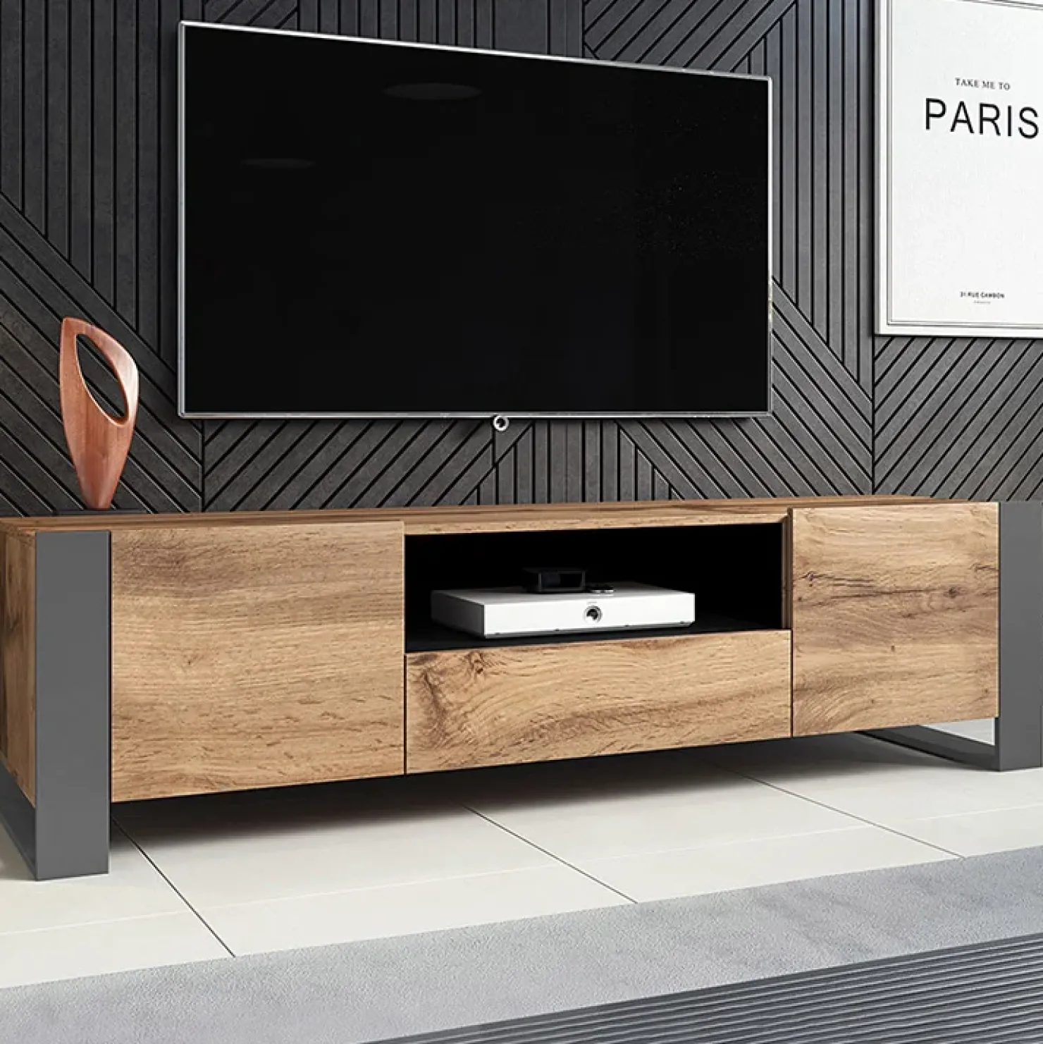 Garnero Arredamenti Mobile porta TV 180x48h cm 2 ante 1 cassetto legno antracite Tampere Clearance