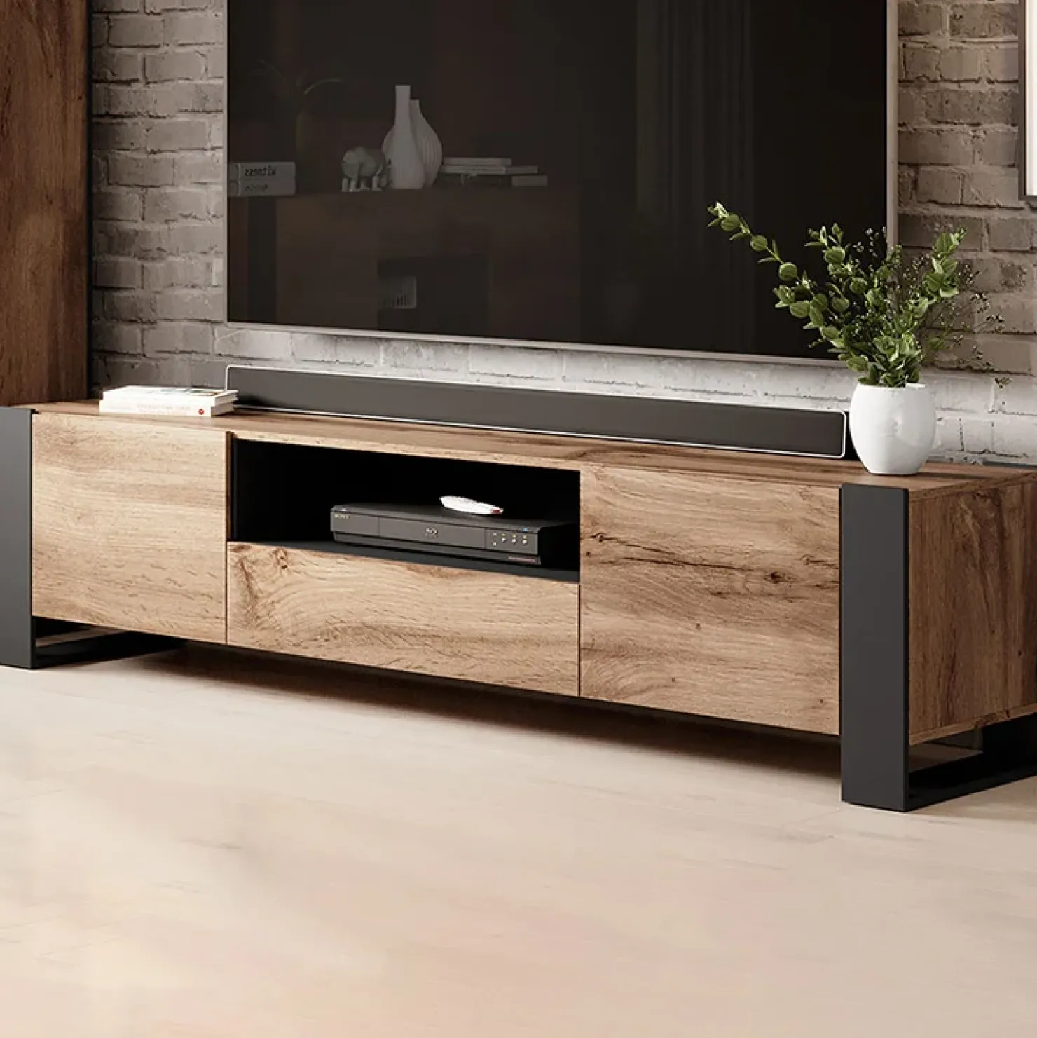 Garnero Arredamenti Mobile porta TV 180x48h cm 2 ante 1 cassetto legno antracite Tampere Clearance