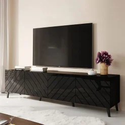 Garnero Arredamenti Mobile porta TV 200x52h cm 4 ante con frontale decorato Placida Nero Lucido Discount