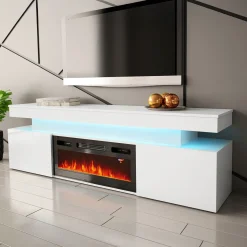 Garnero Arredamenti Mobile porta TV 190x59h cm 2 ante con caminetto con LED bianco Lumus Bianco Lucido Hot