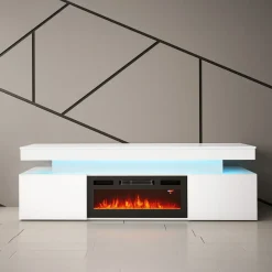 Garnero Arredamenti Mobile porta TV 190x59h cm 2 ante con caminetto con LED bianco Lumus Bianco Lucido Hot