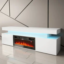 Garnero Arredamenti Mobile porta TV 190x59h cm 2 ante con caminetto con LED bianco Lumus Bianco Lucido Hot