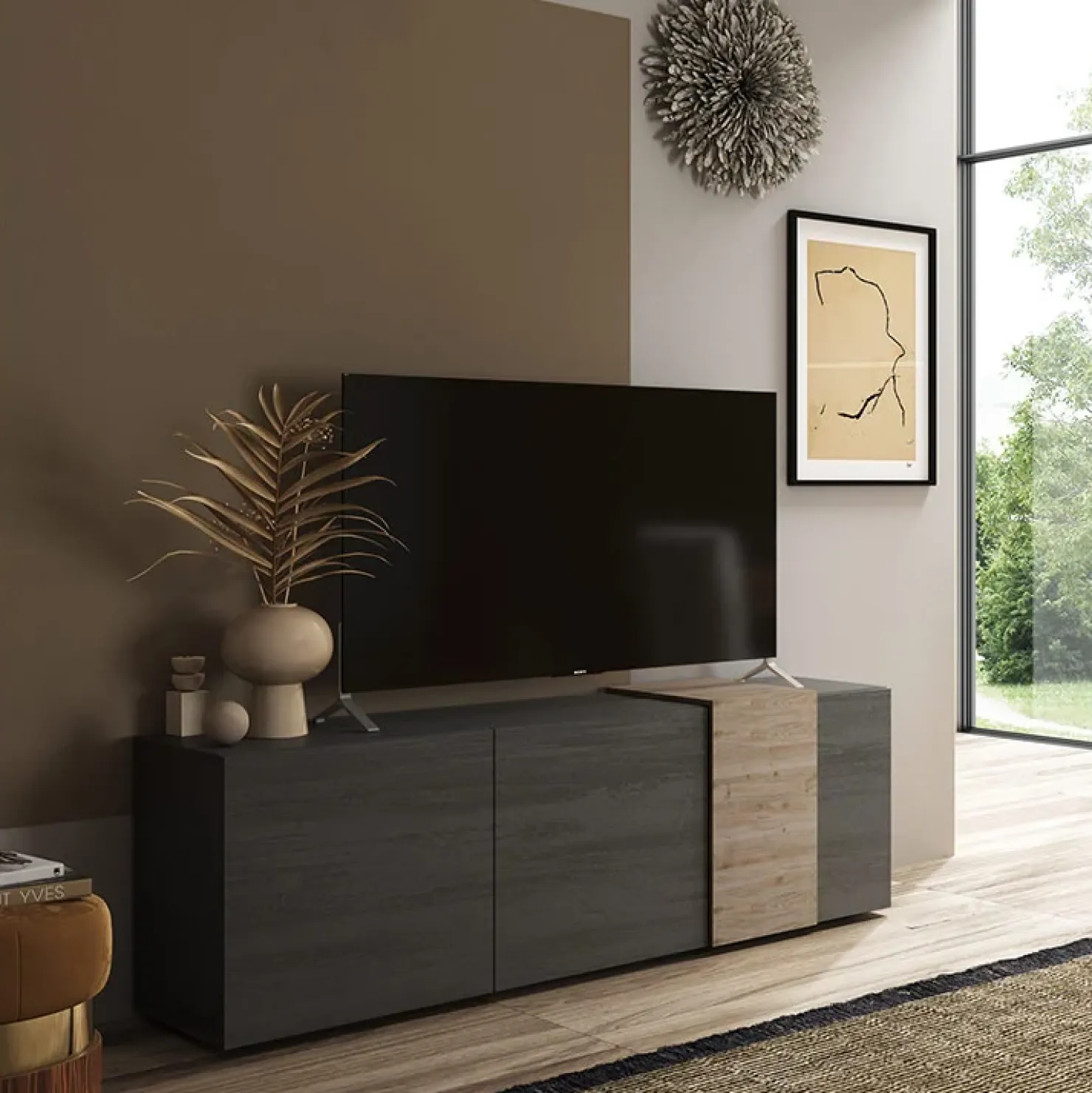 Garnero Arredamenti Mobile porta TV 181x59h cm 3 ante titanio rovere Universal Antracite - Rovere Online