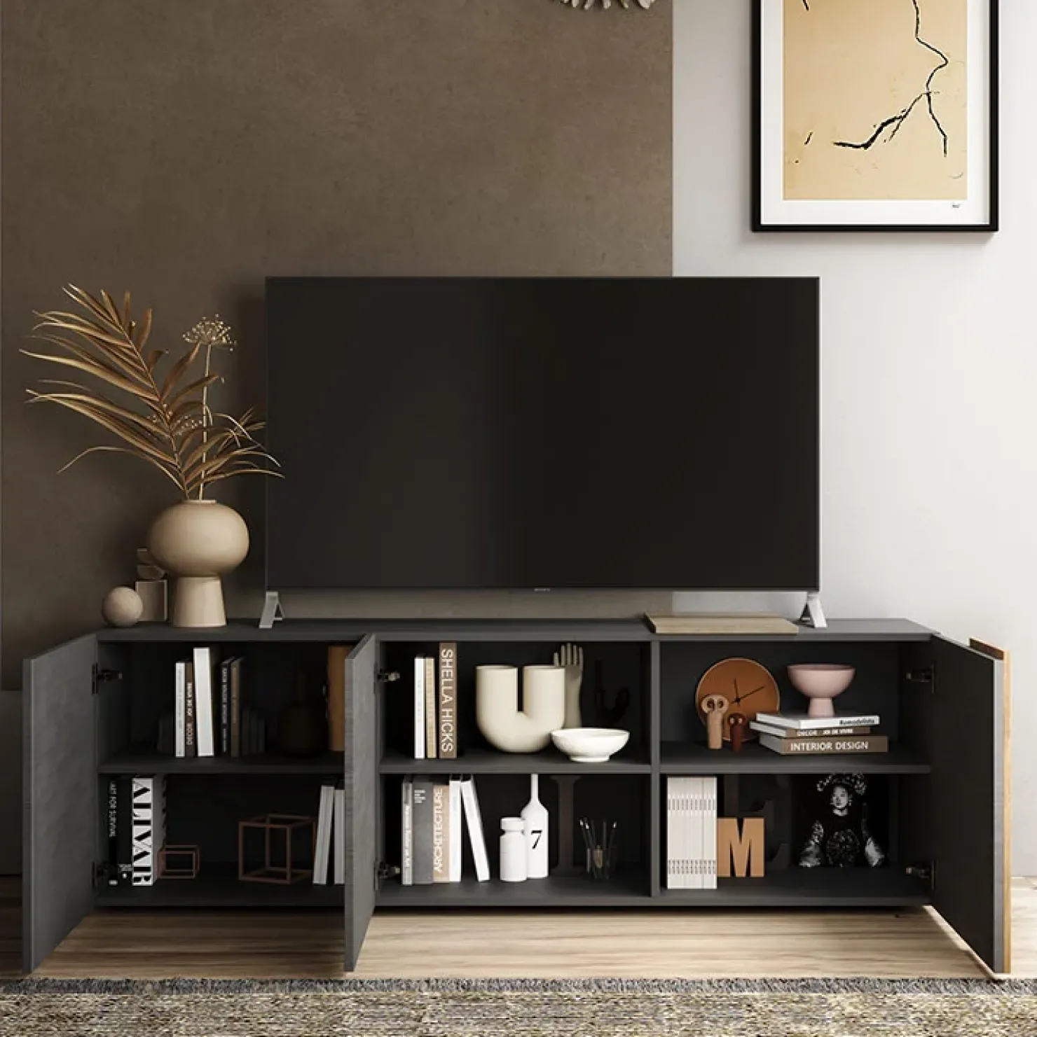 Garnero Arredamenti Mobile porta TV 181x59h cm 3 ante titanio rovere Universal Antracite - Rovere Online