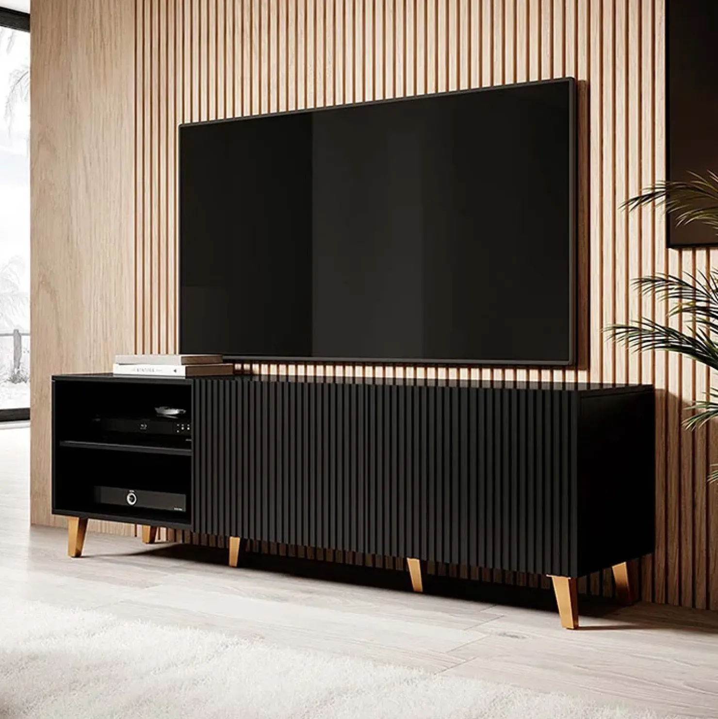 Garnero Arredamenti Mobile porta TV 150x52h cm 2 ante cannettato nero Essence Nero Opaco Best