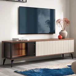 Garnero Arredamenti Mobile porta tv 180x50h cm 3 ante con LED cannettato noce beige Evelina Outlet