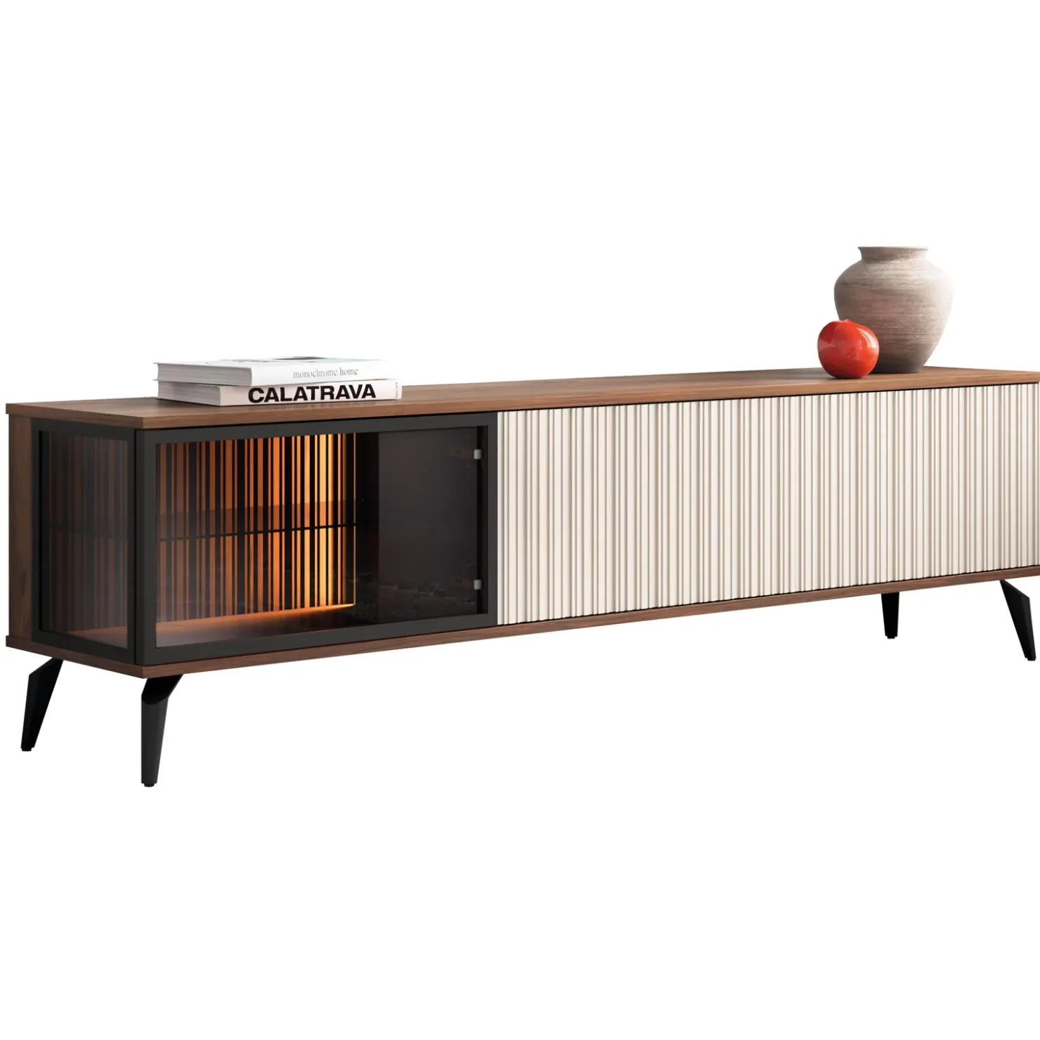 Garnero Arredamenti Mobile porta tv 180x50h cm 3 ante con LED cannettato noce beige Evelina Outlet