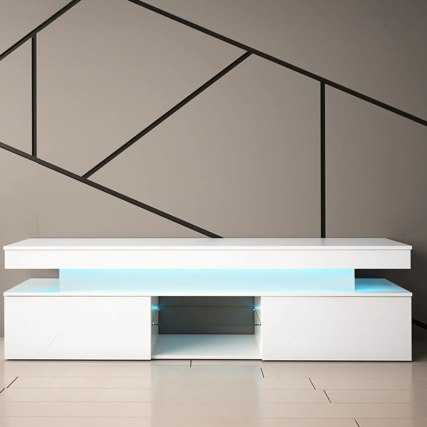 Garnero Arredamenti Mobile porta TV 190x54h cm 2 ante con LED bianco Lumus Bianco Lucido Clearance