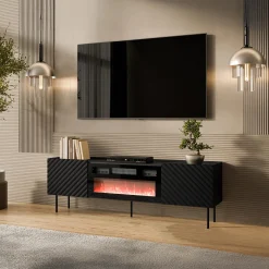 Garnero Arredamenti Mobile porta TV 181x59h cm 2 ante con caminetto con frontali decorati nero Daniele Nero Opaco New