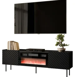 Garnero Arredamenti Mobile porta TV 181x59h cm 2 ante con caminetto con frontali decorati nero Daniele Nero Opaco New