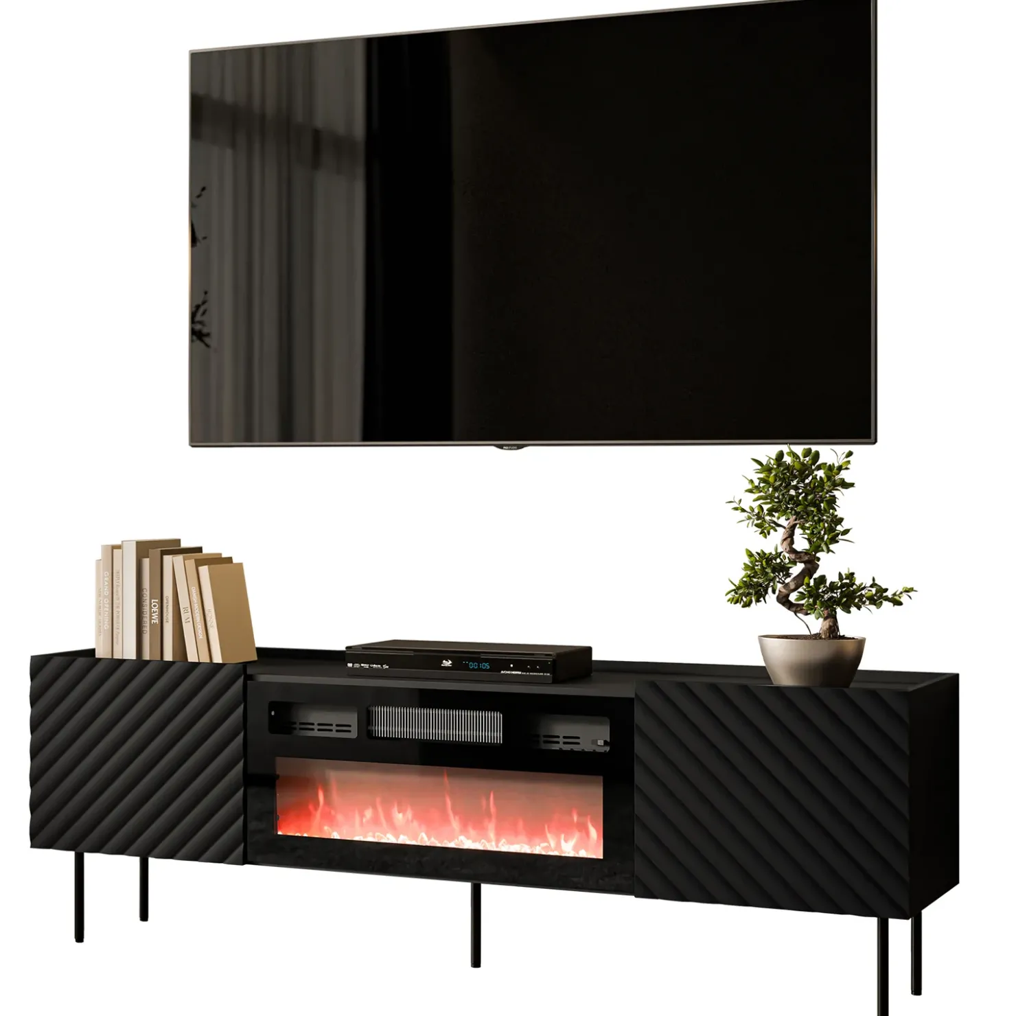 Garnero Arredamenti Mobile porta TV 181x59h cm 2 ante con caminetto con frontali decorati nero Daniele Nero Opaco New