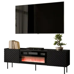 Garnero Arredamenti Mobile porta TV 181x59h cm 2 ante con caminetto con frontali decorati nero Daniele Nero Opaco New