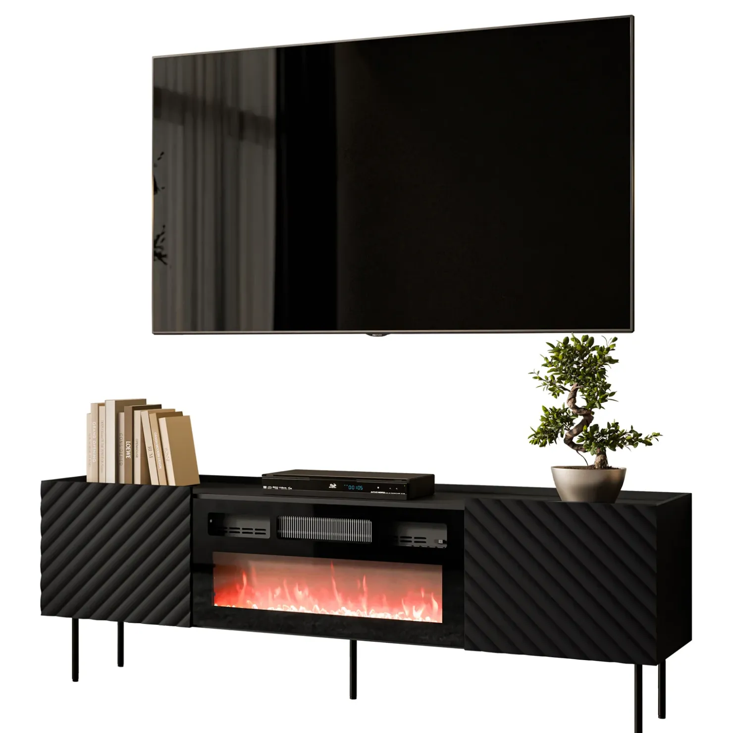 Garnero Arredamenti Mobile porta TV 181x59h cm 2 ante con caminetto con frontali decorati nero Daniele Nero Opaco New