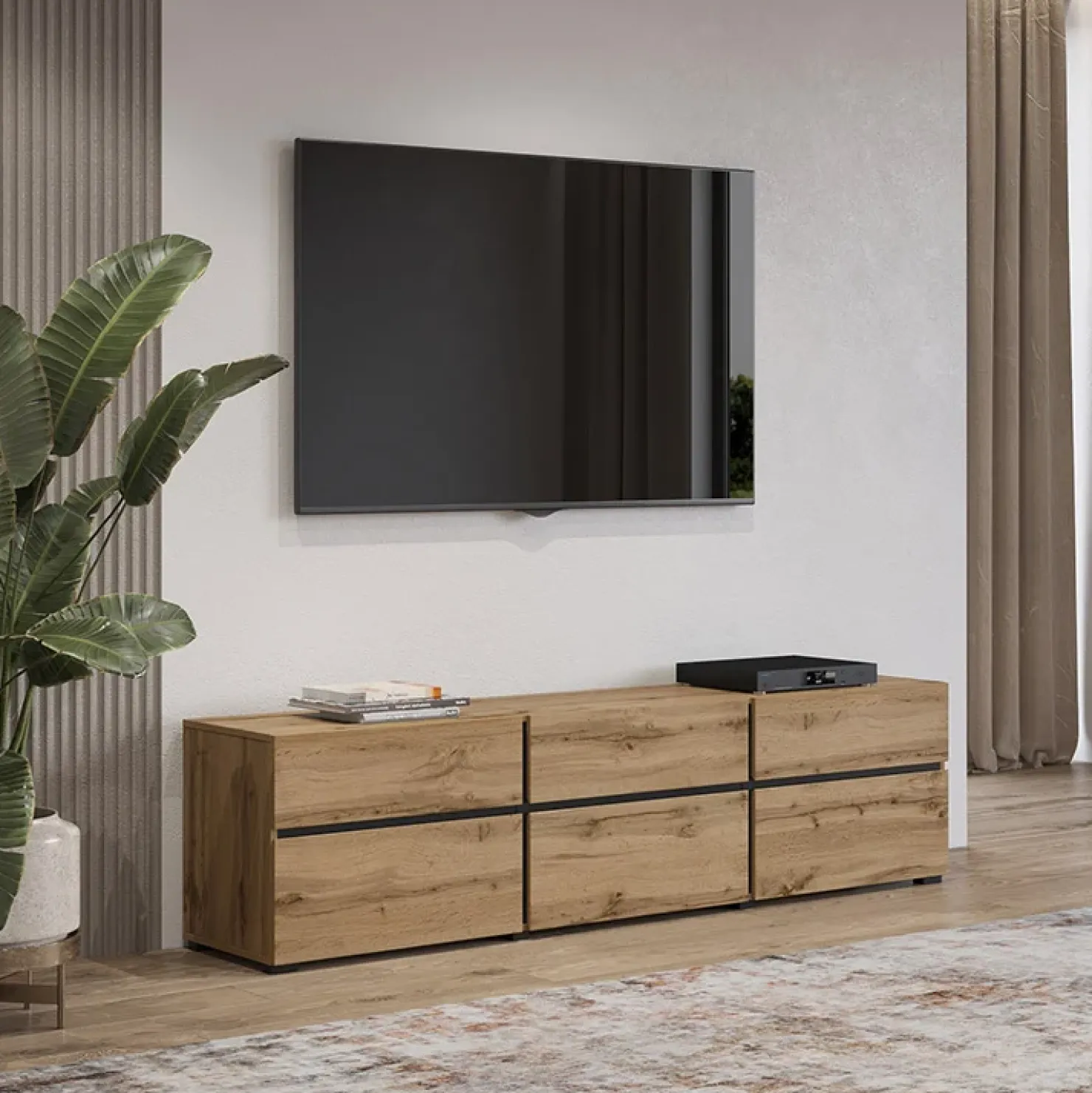 Garnero Arredamenti Mobile porta TV 180x48h cm 3 ante a ribalta 3 cassetti nero Lolla Rovere Sale