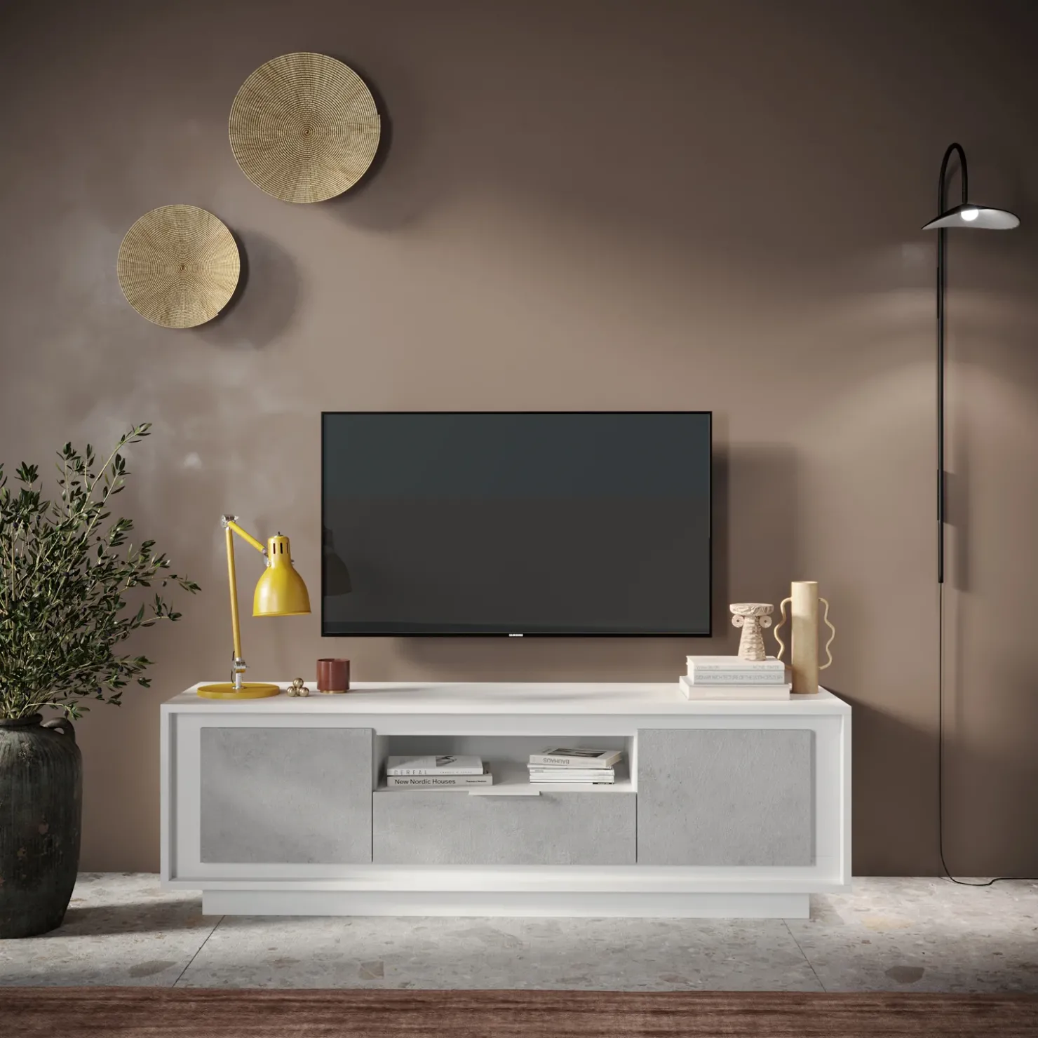 Garnero Arredamenti Mobile porta TV 184x58h cm 2 ante 1 cassetto bianco opaco grigio cemento Deluxe Bianco Opaco - Cemento Sale