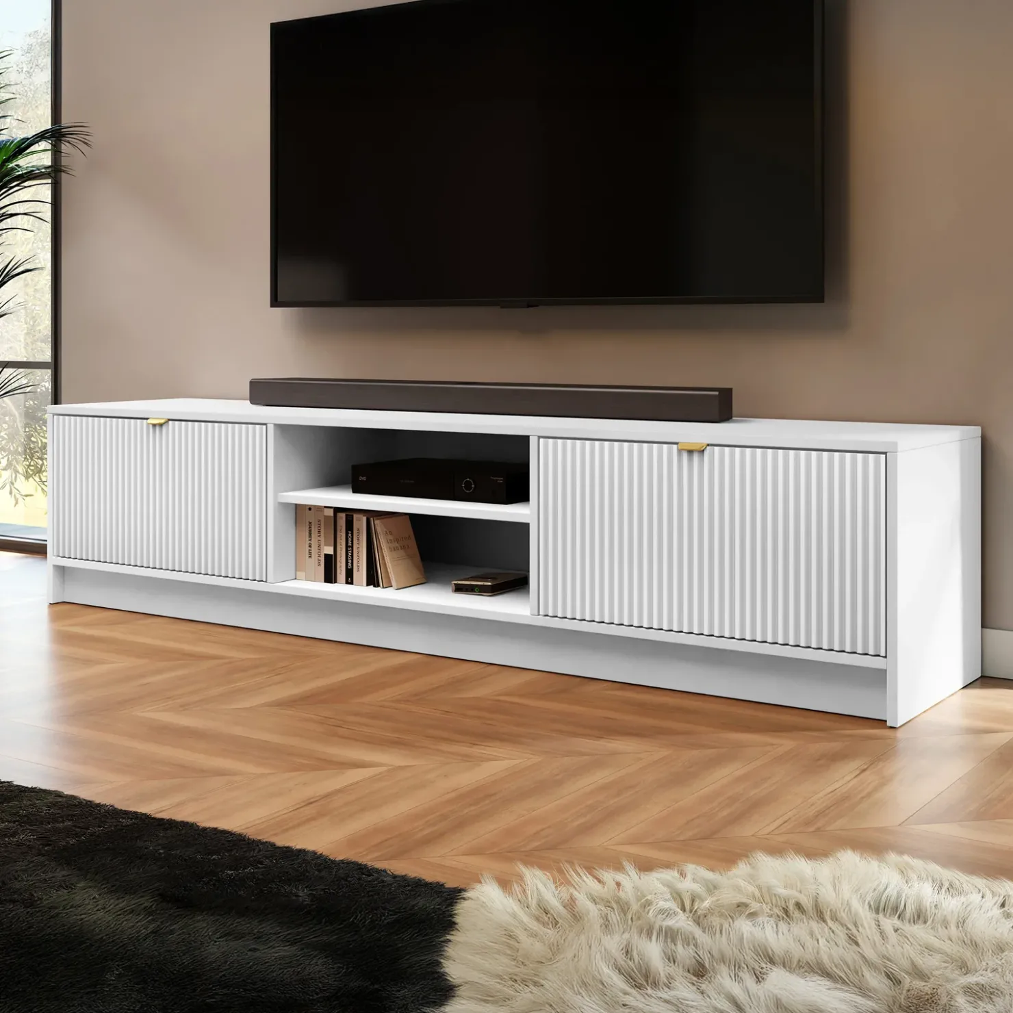 Garnero Arredamenti Mobile porta tv 180x40h cm 2 ante 2 vani a giorno cannettato bianco Athena Bianco Opaco Discount