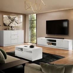 Garnero Arredamenti Mobile porta tv 180x40h cm 2 ante 2 vani a giorno cannettato bianco Athena Bianco Opaco Discount