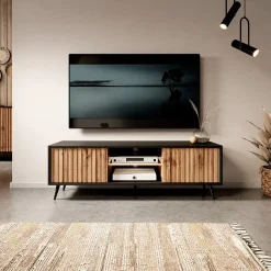 Garnero Arredamenti Mobile porta TV 135x45h cm 2 ante rovere cannettato nero Celestia Rovere Rustico - Nero opaco Outlet