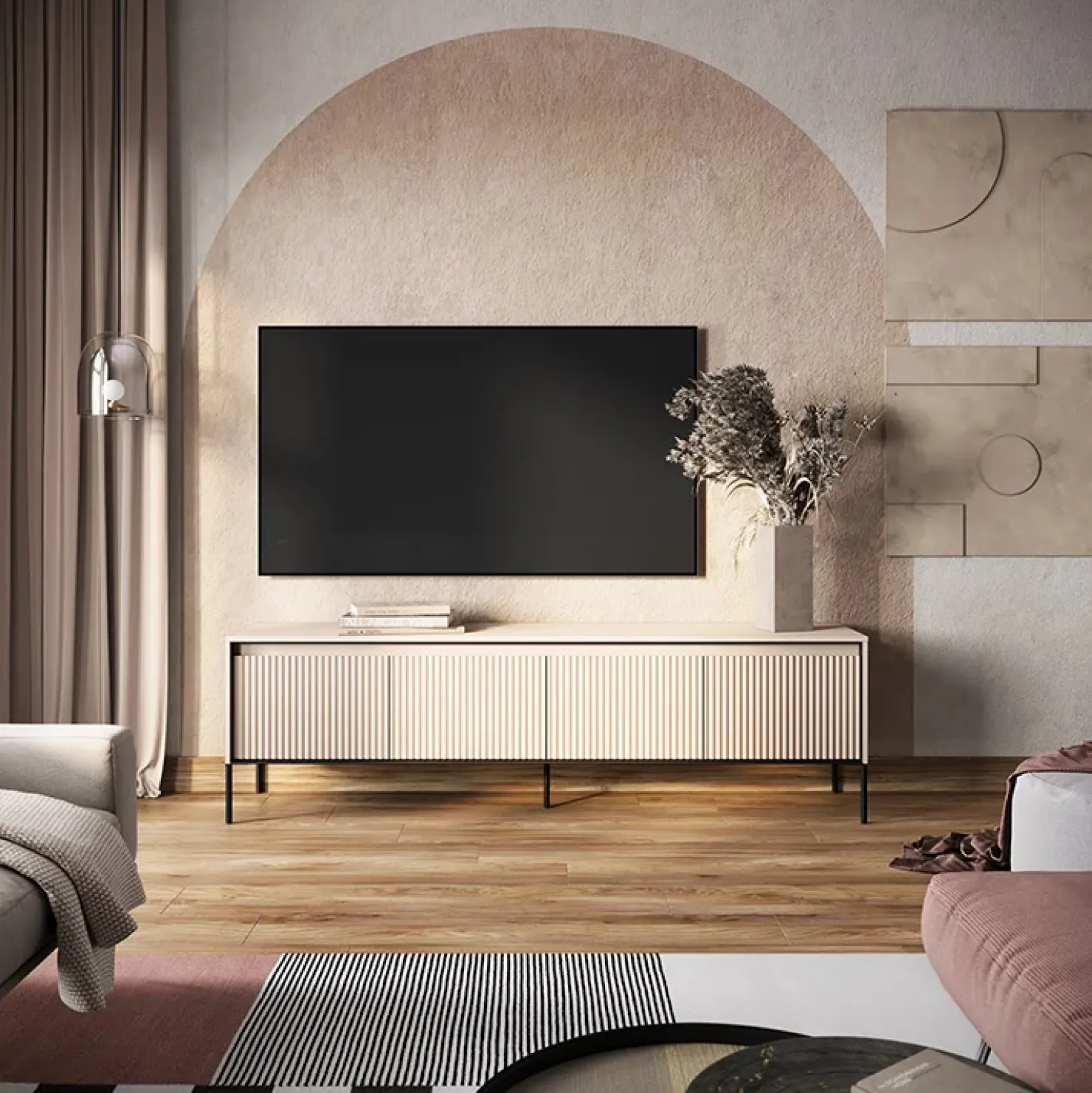 Garnero Arredamenti Mobile porta TV 193x56h cm 4 ante led cannettato nero Camelia Beige Best