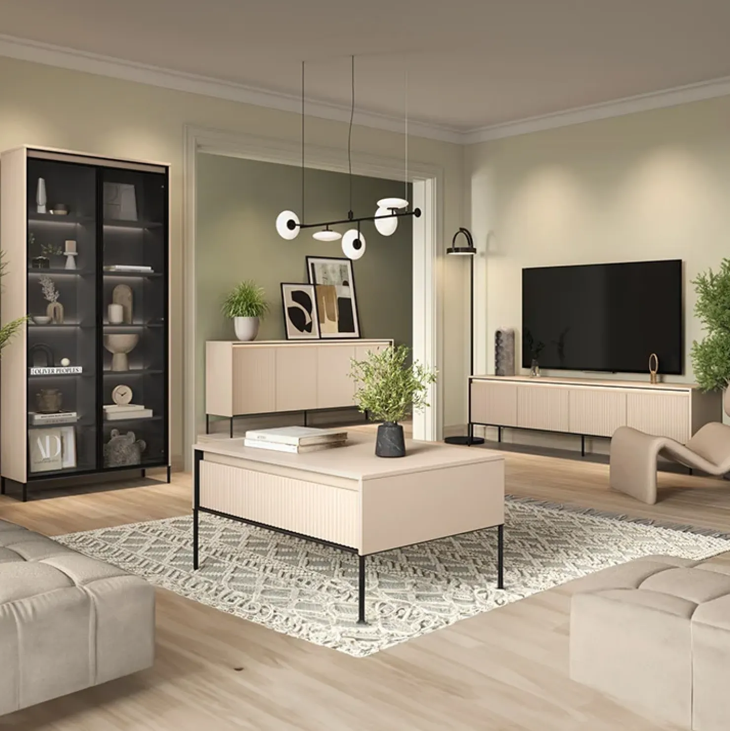 Garnero Arredamenti Mobile porta TV 193x56h cm 4 ante led cannettato nero Camelia Beige Best