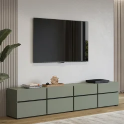 Garnero Arredamenti Mobile porta TV 225x48h cm 4 ante a ribalta 4 cassetti moderno verde nero Lolla Verde Salvia Best