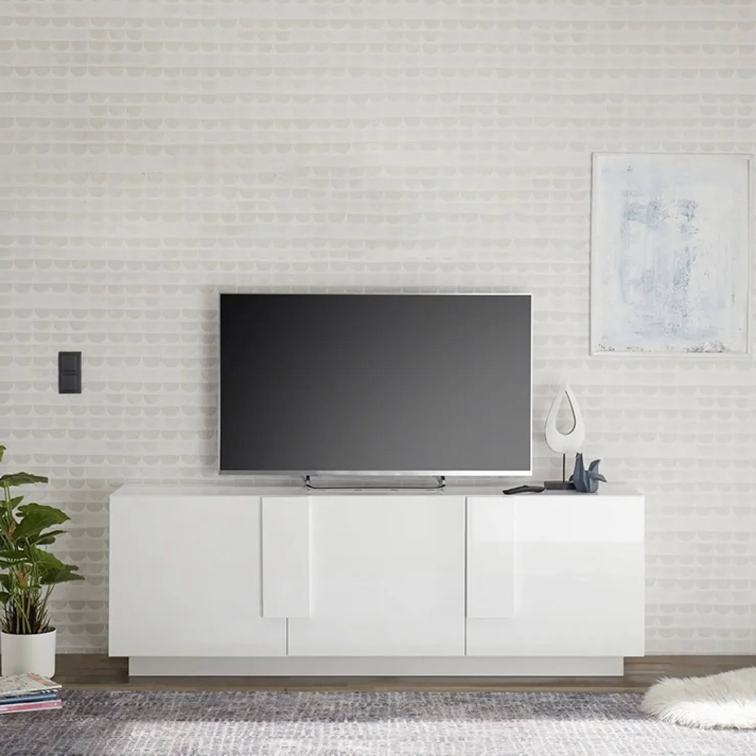 Garnero Arredamenti Mobile porta TV 182x63h cm 3 ante moderno bianco laccato lucido Alvarez Bianco Lucido Hot