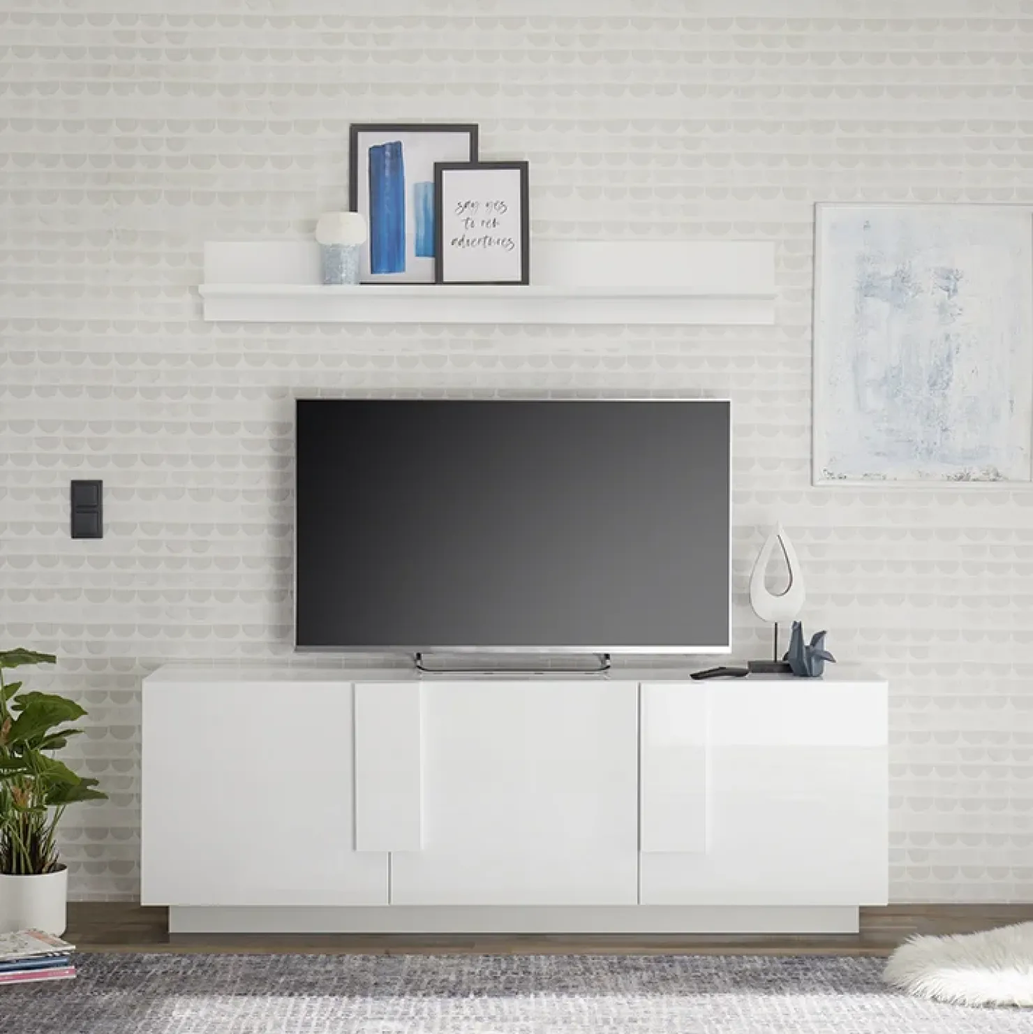 Garnero Arredamenti Mobile porta TV 182x63h cm 3 ante moderno bianco laccato lucido Alvarez Bianco Lucido Hot