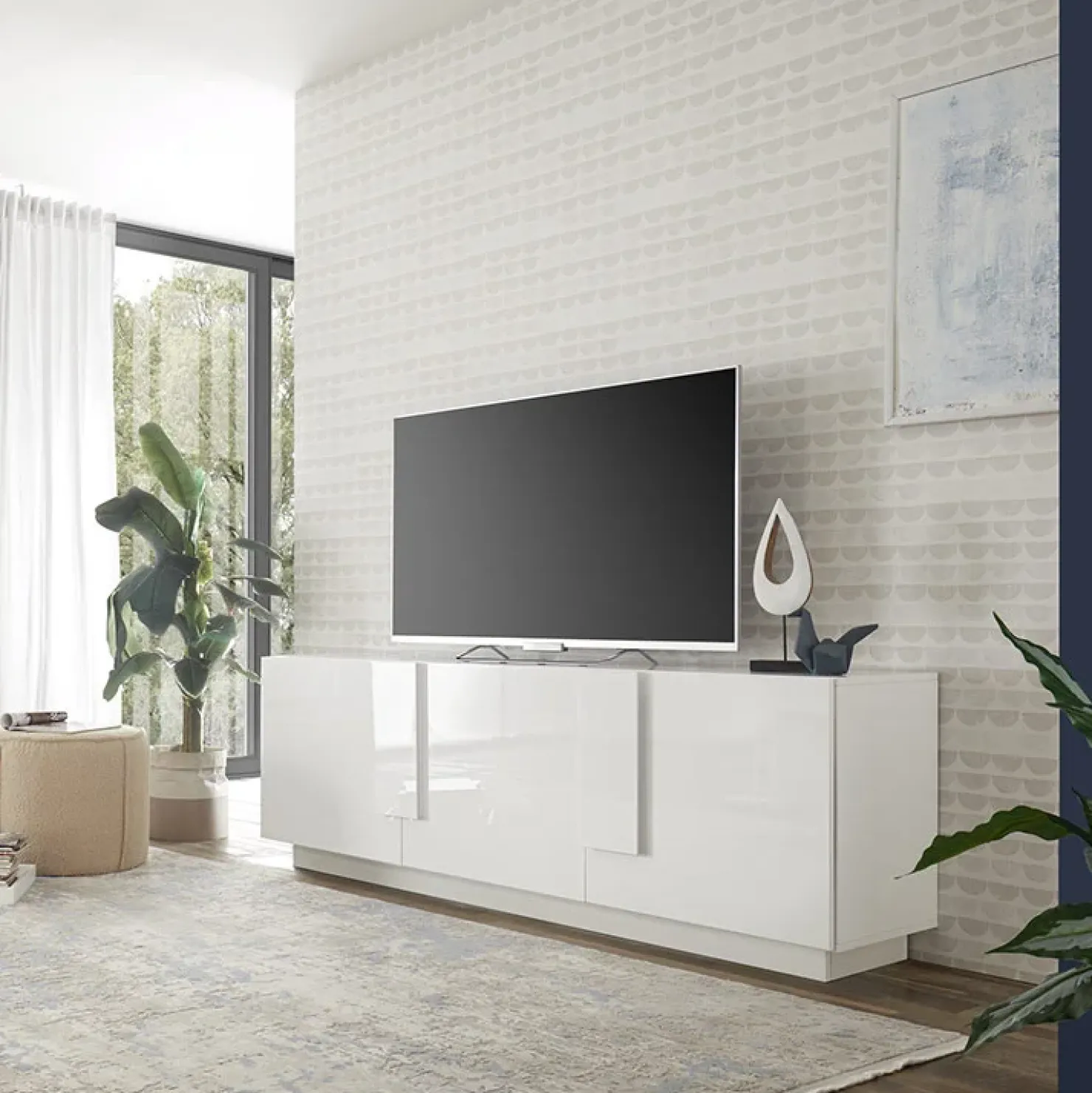 Garnero Arredamenti Mobile porta TV 182x63h cm 3 ante moderno bianco laccato lucido Alvarez Bianco Lucido Hot