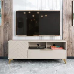 Garnero Arredamenti Mobile porta TV 154x60h cm 1 anta 2 cassetti 2 vani a giorno beige con frontali serigrafati Miriam Sale