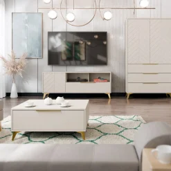 Garnero Arredamenti Mobile porta TV 154x60h cm 1 anta 2 cassetti 2 vani a giorno beige con frontali serigrafati Miriam Sale