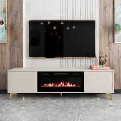 Garnero Arredamenti Mobile porta TV 184x53h cm 2 ante con caminetto frontali serigrafati beige nero Miriam Clearance