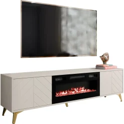 Garnero Arredamenti Mobile porta TV 184x53h cm 2 ante con caminetto frontali serigrafati beige nero Miriam Clearance