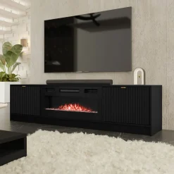 Garnero Arredamenti Mobile porta TV 182x48h cm 2 ante con caminetto nero cannettato Athena Nero Opaco Online