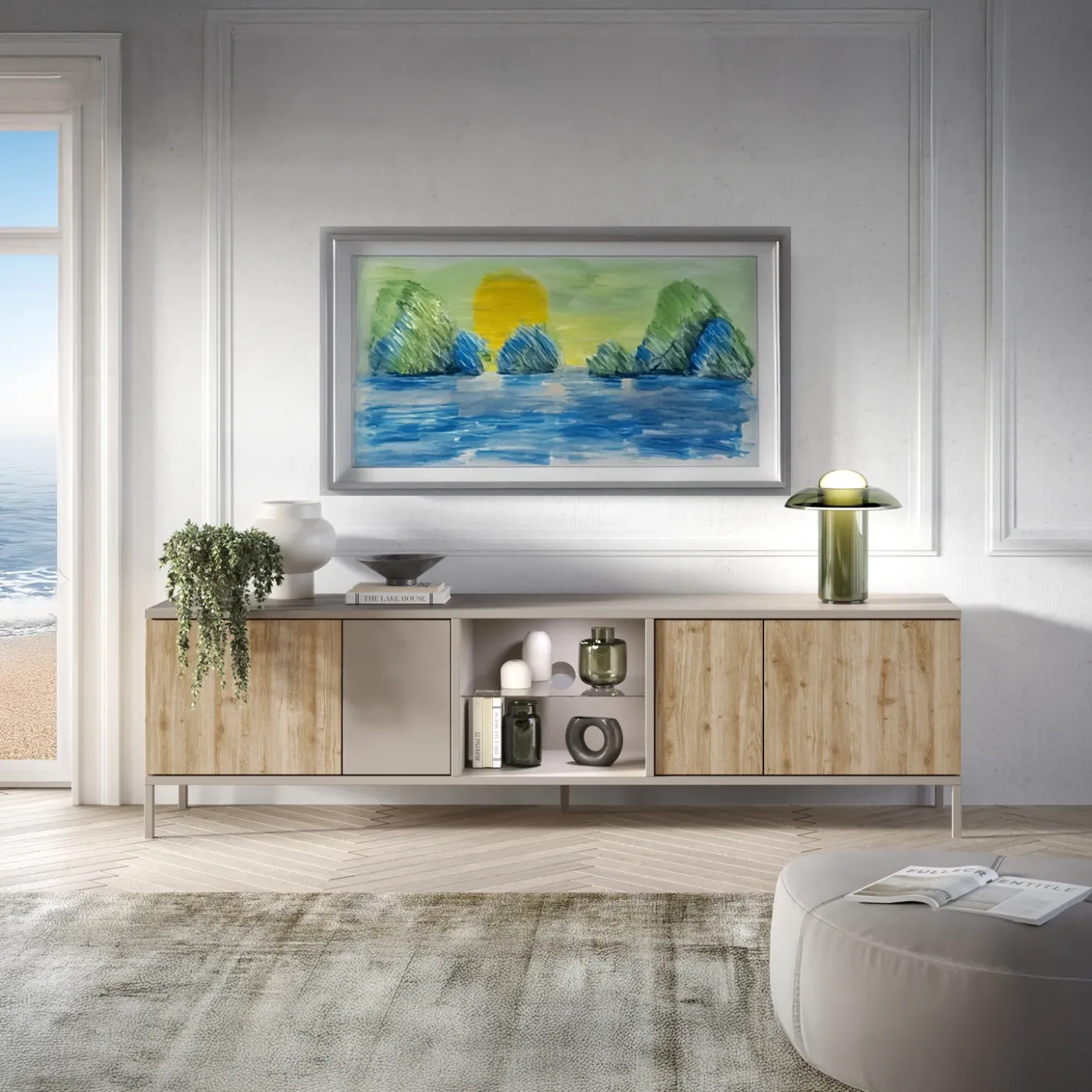 Garnero Arredamenti Mobile porta TV 210x59h cm 4 ante 2 vani moderno rovere chiaro beige Silka Hot