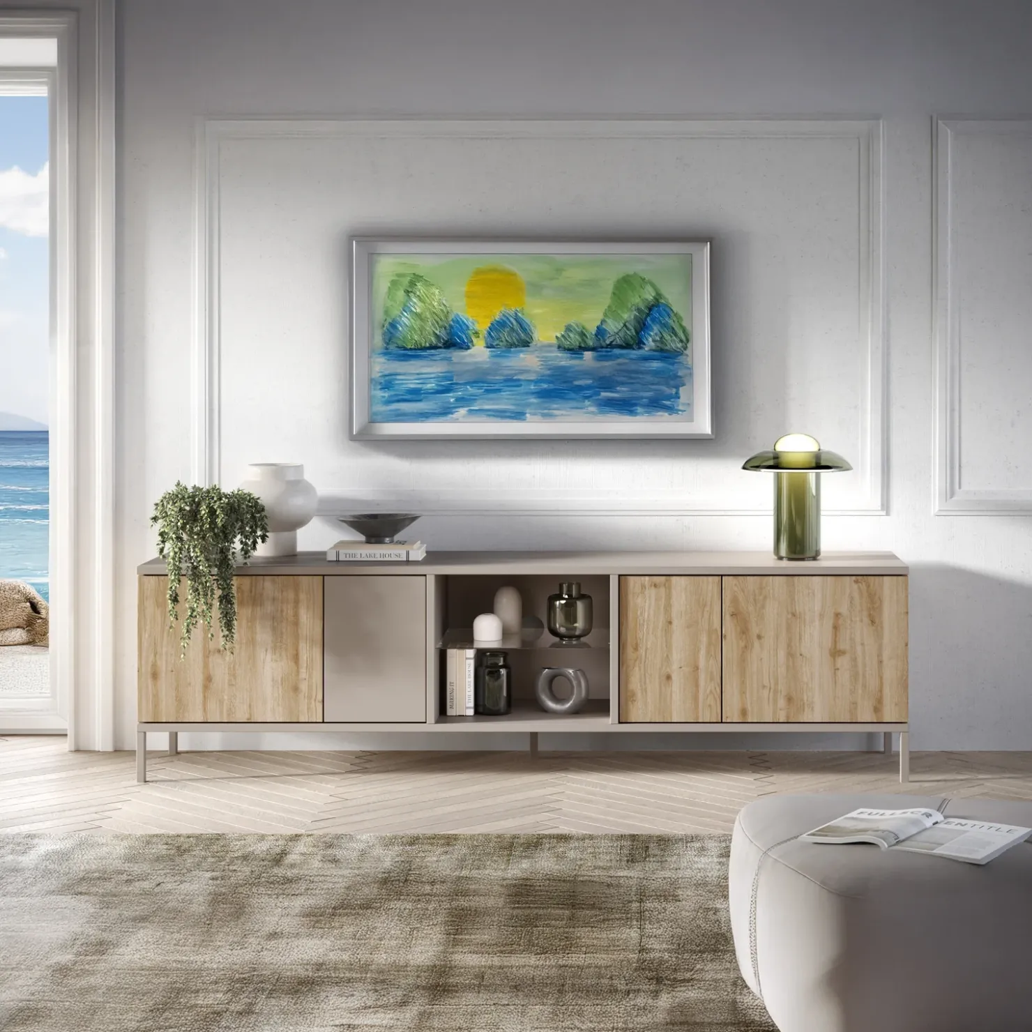 Garnero Arredamenti Mobile porta TV 210x59h cm 4 ante 2 vani moderno rovere chiaro beige Silka Hot