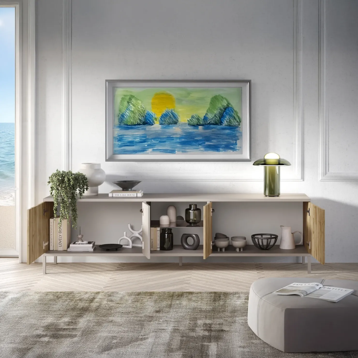 Garnero Arredamenti Mobile porta TV 210x59h cm 4 ante 2 vani moderno rovere chiaro beige Silka Hot