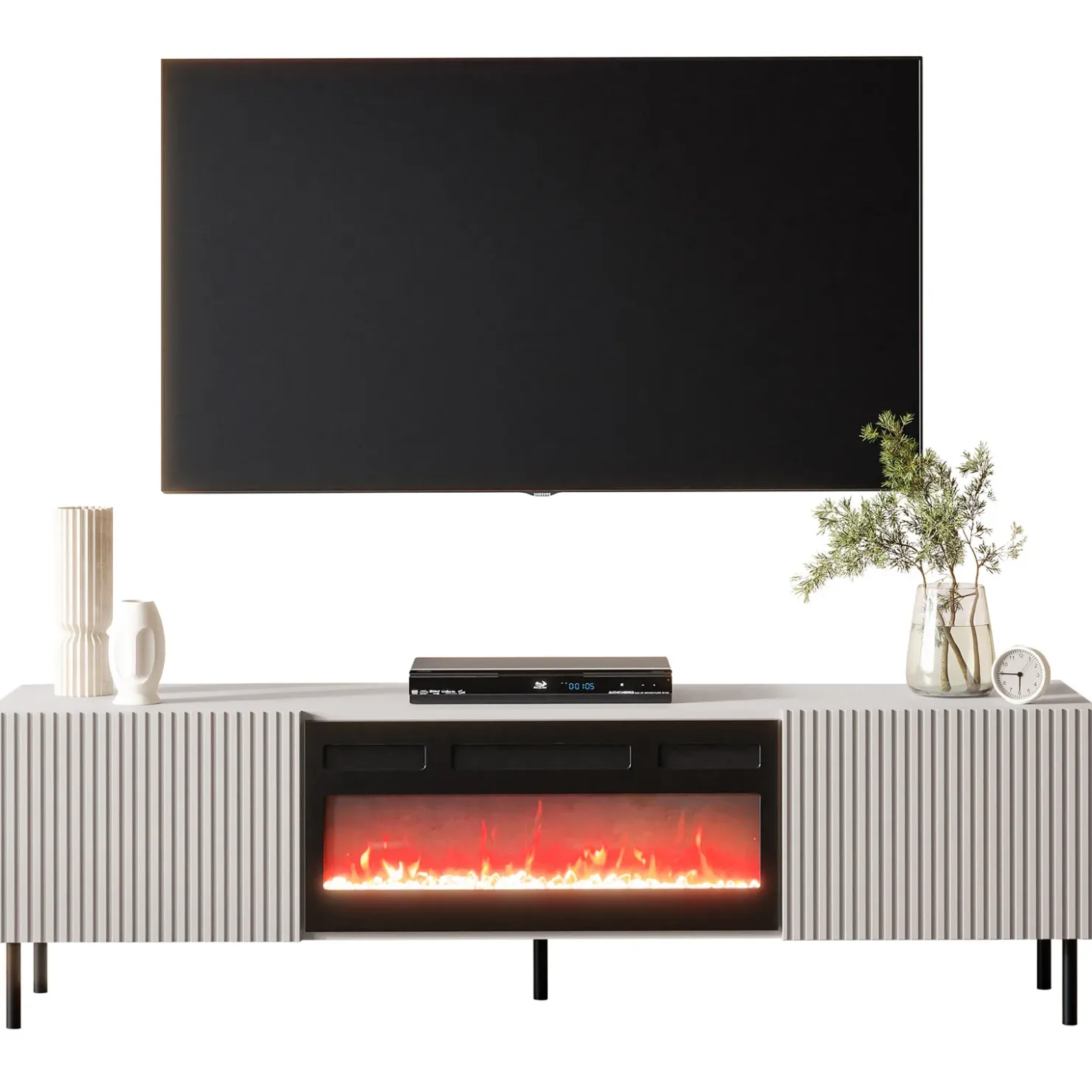 Garnero Arredamenti Mobile porta TV 181x53h cm 2 ante con caminetto con frontali cannettati beige Ziggy Sale