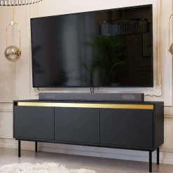 Garnero Arredamenti Mobile porta TV 150x60h cm 3 ante nero oro Praga Nero Opaco - Oro