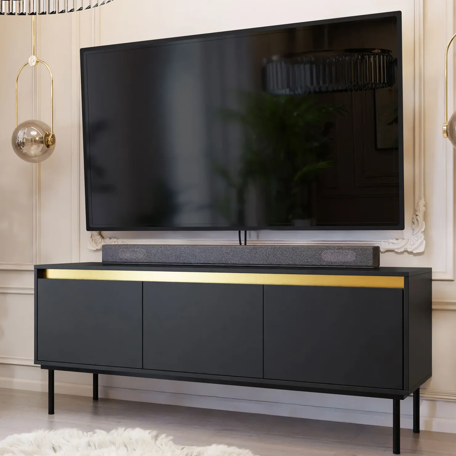 Garnero Arredamenti Mobile porta TV 150x60h cm 3 ante nero oro Praga Nero Opaco - Oro