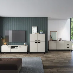 Garnero Arredamenti Mobile porta TV 179x60h cm 2 ante a ribalta 1 cassetto beige cashmere nero Casmira Discount