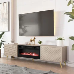 Garnero Arredamenti Mobile porta TV 197x52h cm 2 ante con caminetto frontali decorati beige nero Simona Sale