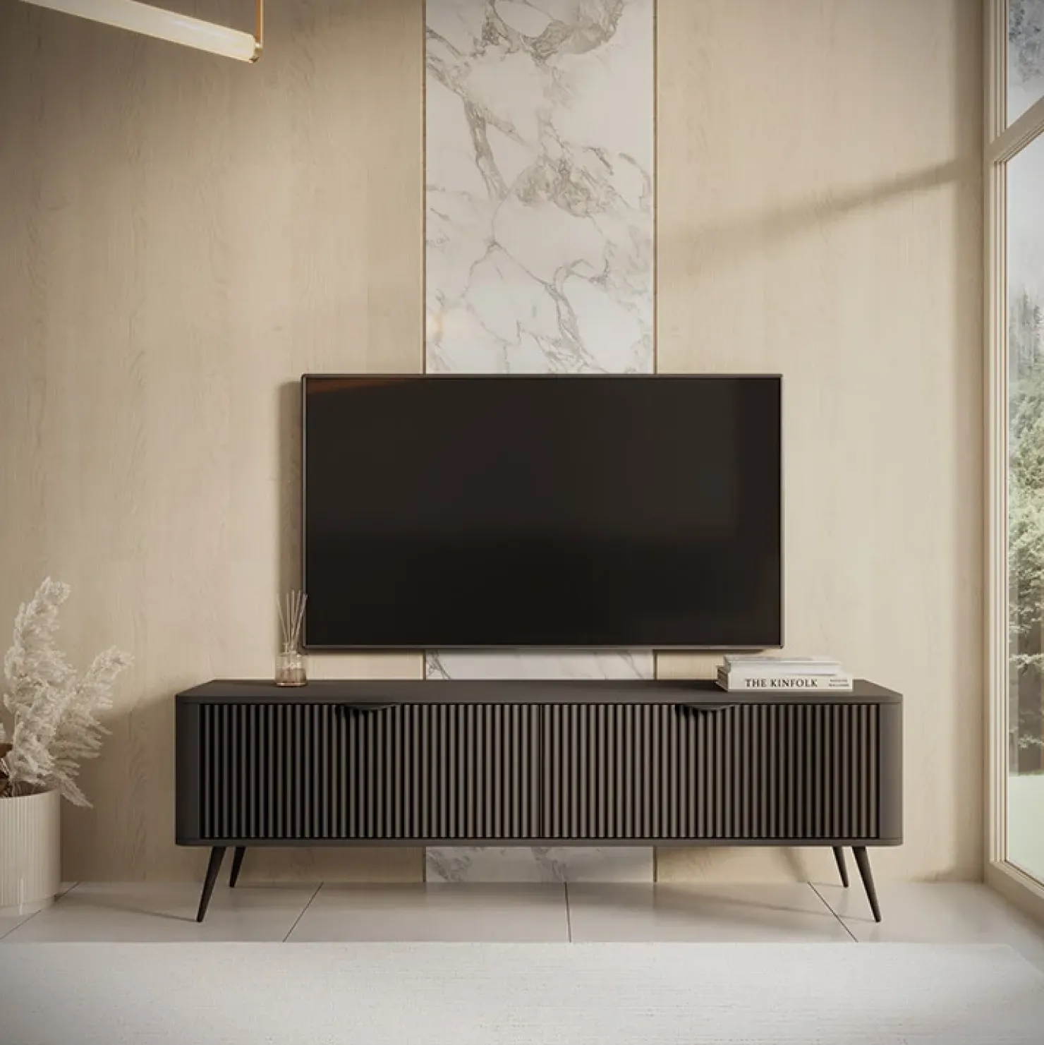 Garnero Arredamenti Mobile porta TV 163x51h cm 2 ante cannettato Ramis Nero Opaco Hot